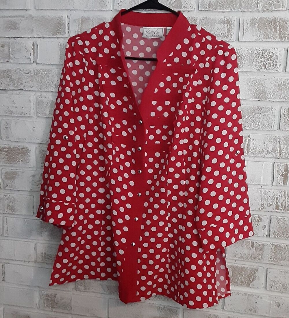 Kathy Che Stretch Red&White Polka Dot Top sz L